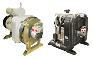 Two hydraulic air compressors side by side one is piston-style the other is rotary vane