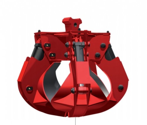 red hydraulic five tine scrap grapple