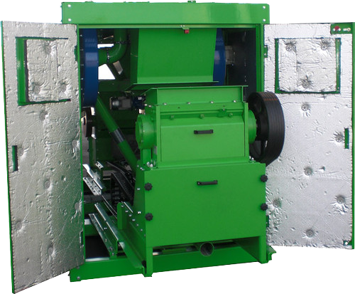 Image of Green Granulator Rolling out of soundproof wire recycling machine cabinet